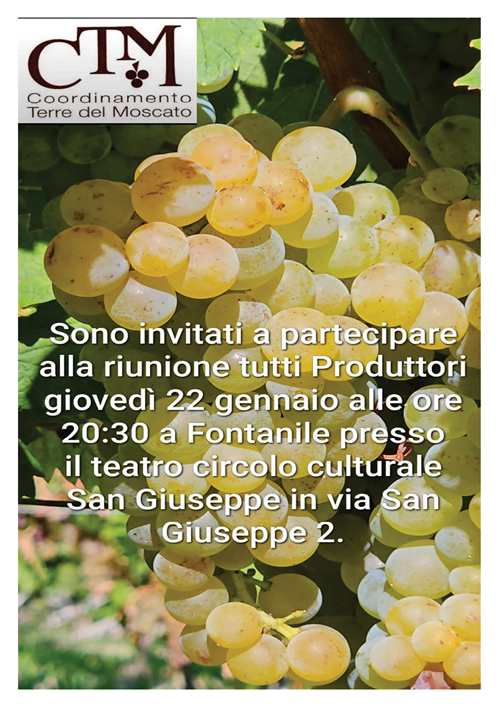 Giovedi 22 gennaio 2026 ore 20:30 - Teatro Comunale San Giuseppe - Riunione produttori Moscato