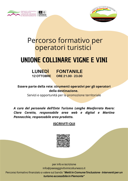 Lunedì 12 ottobre 2026 alle ore 21:00 alle ore 23:00 presso il Centro Culturale San Giuseppe in collaborazione con l'Unione Collinare Vigne& Vini Incontro Percorso formativo operatori turistici