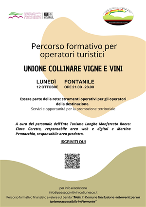 Lunedì 12 ottobre 2026 alle ore 21:00 alle ore 23:00 presso il Centro Culturale San Giuseppe in collaborazione con l'Unione Collinare Vigne& Vini Incontro Percorso formativo operatori turistici